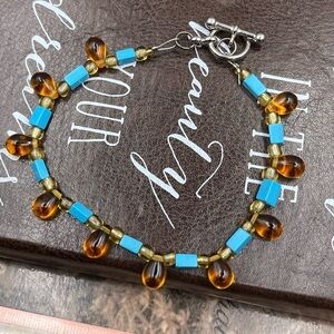 Y2K Handmade Amber Glass & Turquoise Beaded Bracelet (Vintage Beads) 8.25”